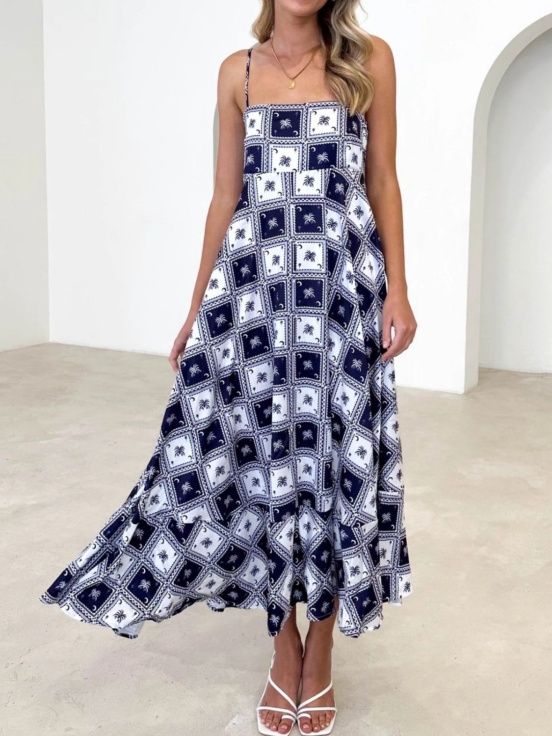 Printed Square Neck Midi Cami Dress - felvior