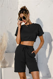 Short Sleeve Cropped Top and Drawstring Shorts Lounge Set - felvior