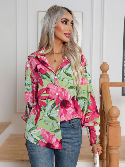 Button Down Printed Long Sleeve Shirt - felvior
