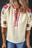 Floral Embroidered Notched Puff Sleeve Blouse