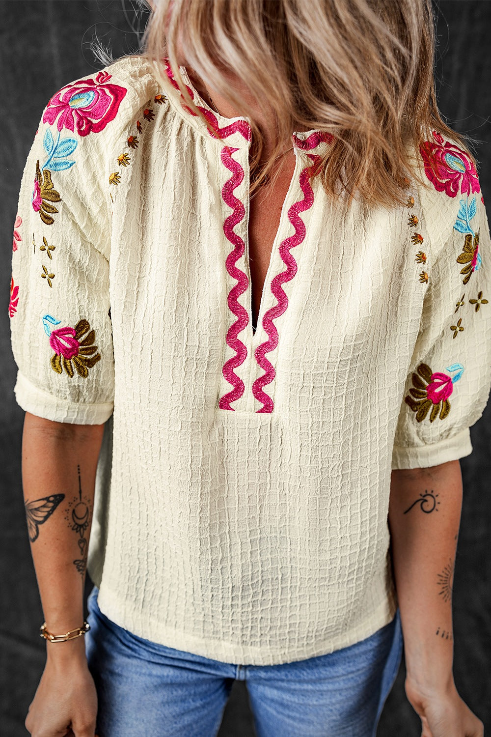 Floral Embroidered Notched Puff Sleeve Blouse