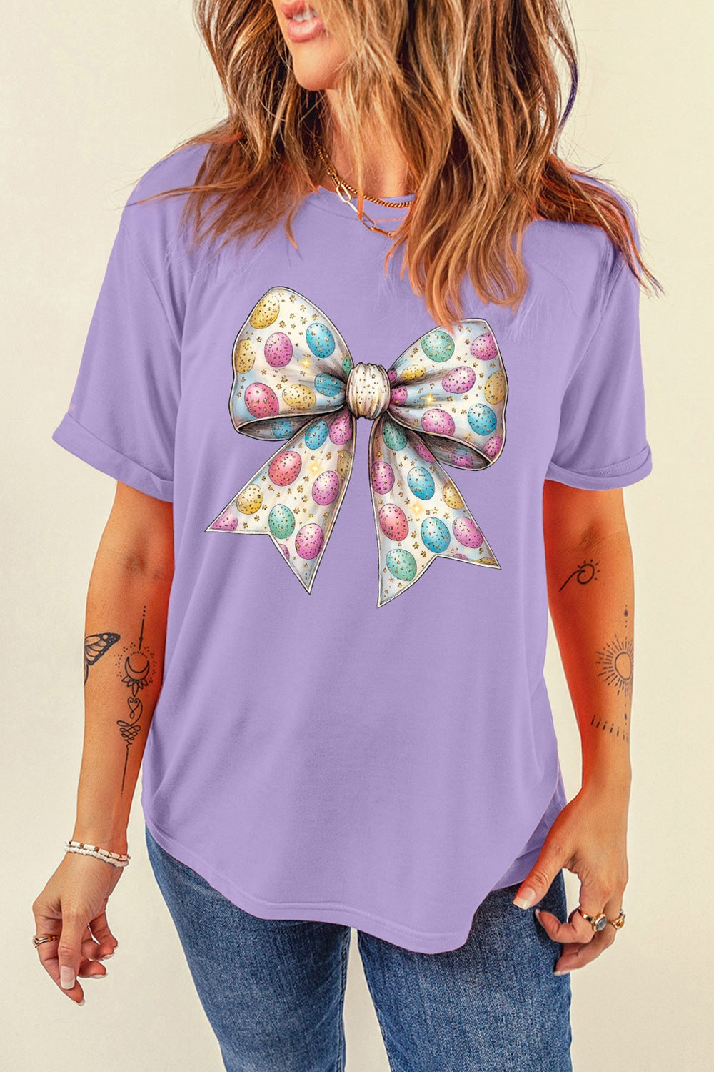Bow Graphic Round Neck Short Sleeve T-Shirt