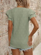 Eyelet V-Neck Ruffled Cap Sleeve Top