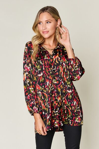 Double Take Full Size Printed Button Up Long Sleeve Shirt - felvior