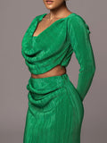 Ruched Cowl Neck Top and Maxi Skirt Set - felvior
