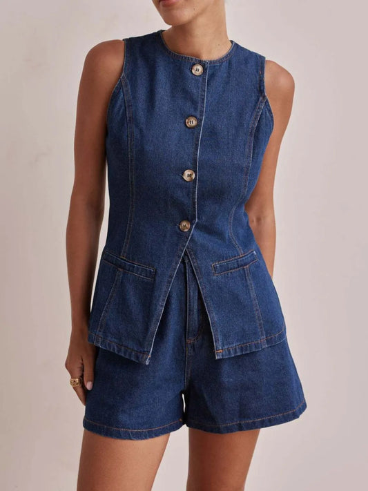 Button Down Vest and Shorts Denim Set - felvior