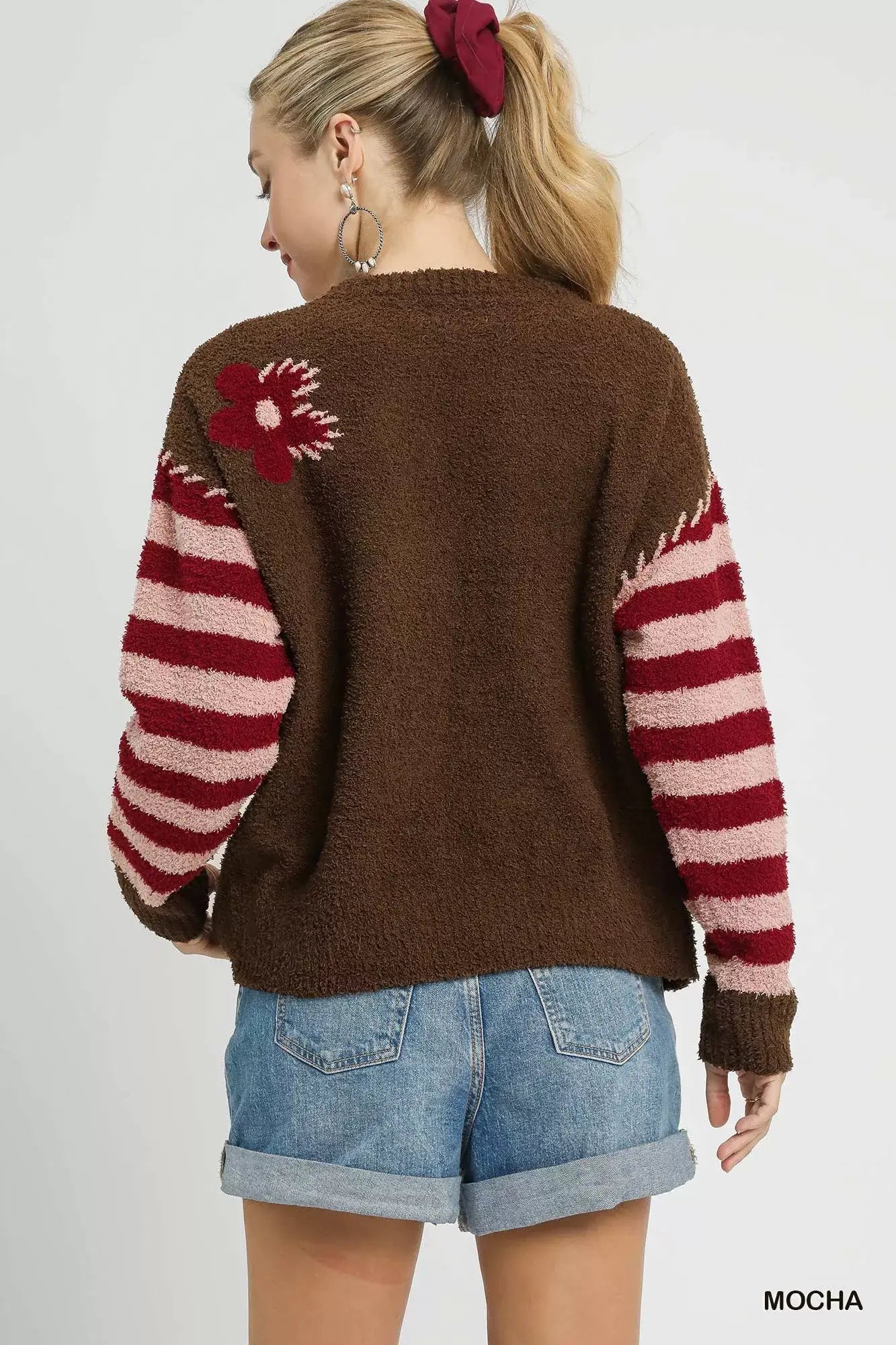 Umgee Flower Jacquard Striped Long Sleeve Sweater
