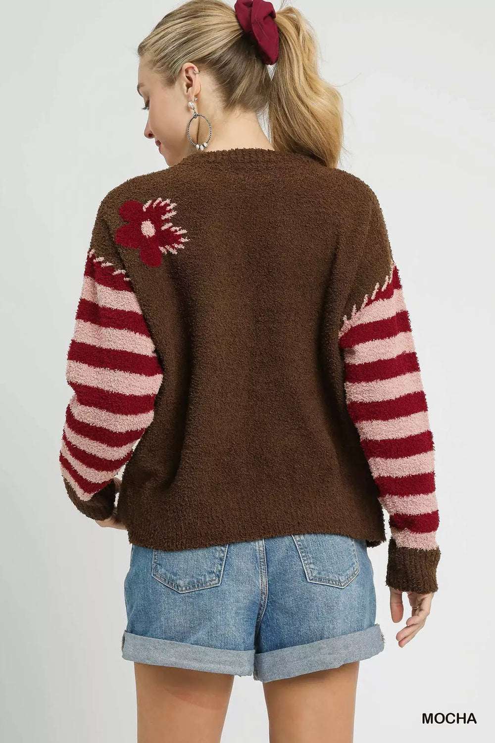 Umgee Flower Jacquard Striped Long Sleeve Sweater