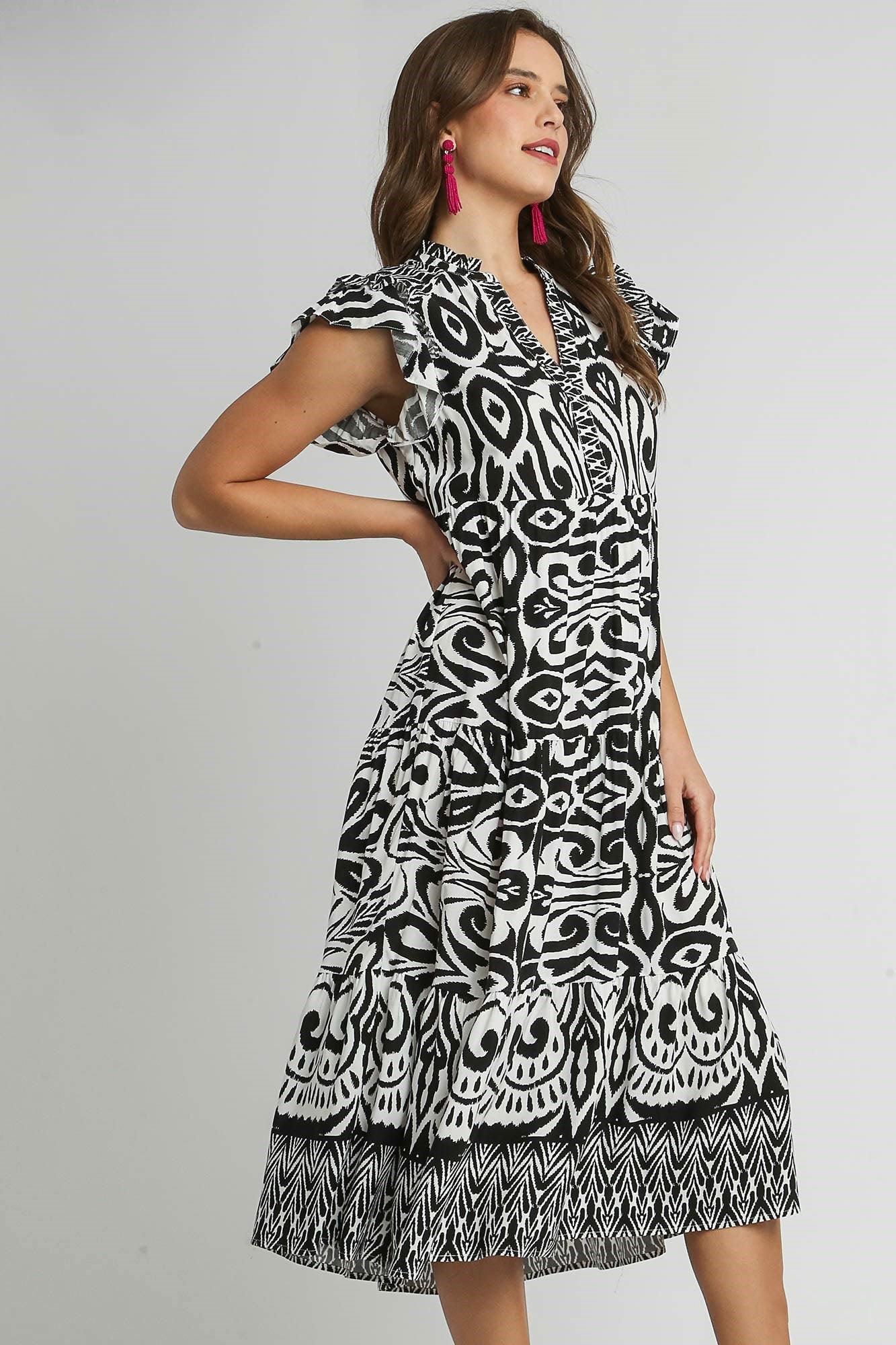 Umgee Full Size Two Tone Border Print Ruffle Cap Sleeve Midi Dress Plus Size Secondary image