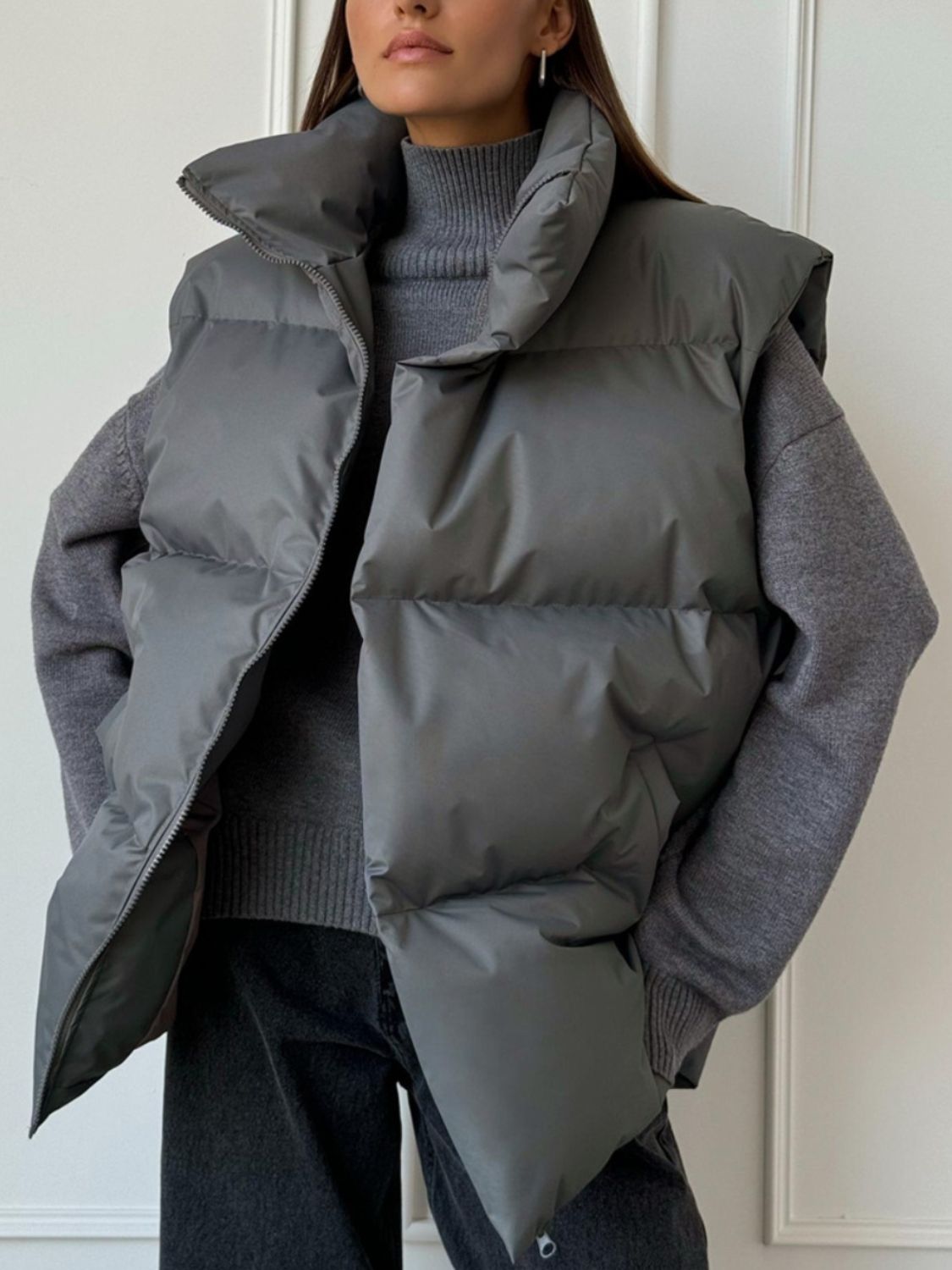 Zip Up Turtleneck Vest Coat - felvior