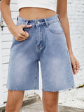 Washed Raw Hem Denim Shorts - felvior