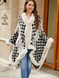 Checkered Faux Fur Trim Poncho - felvior