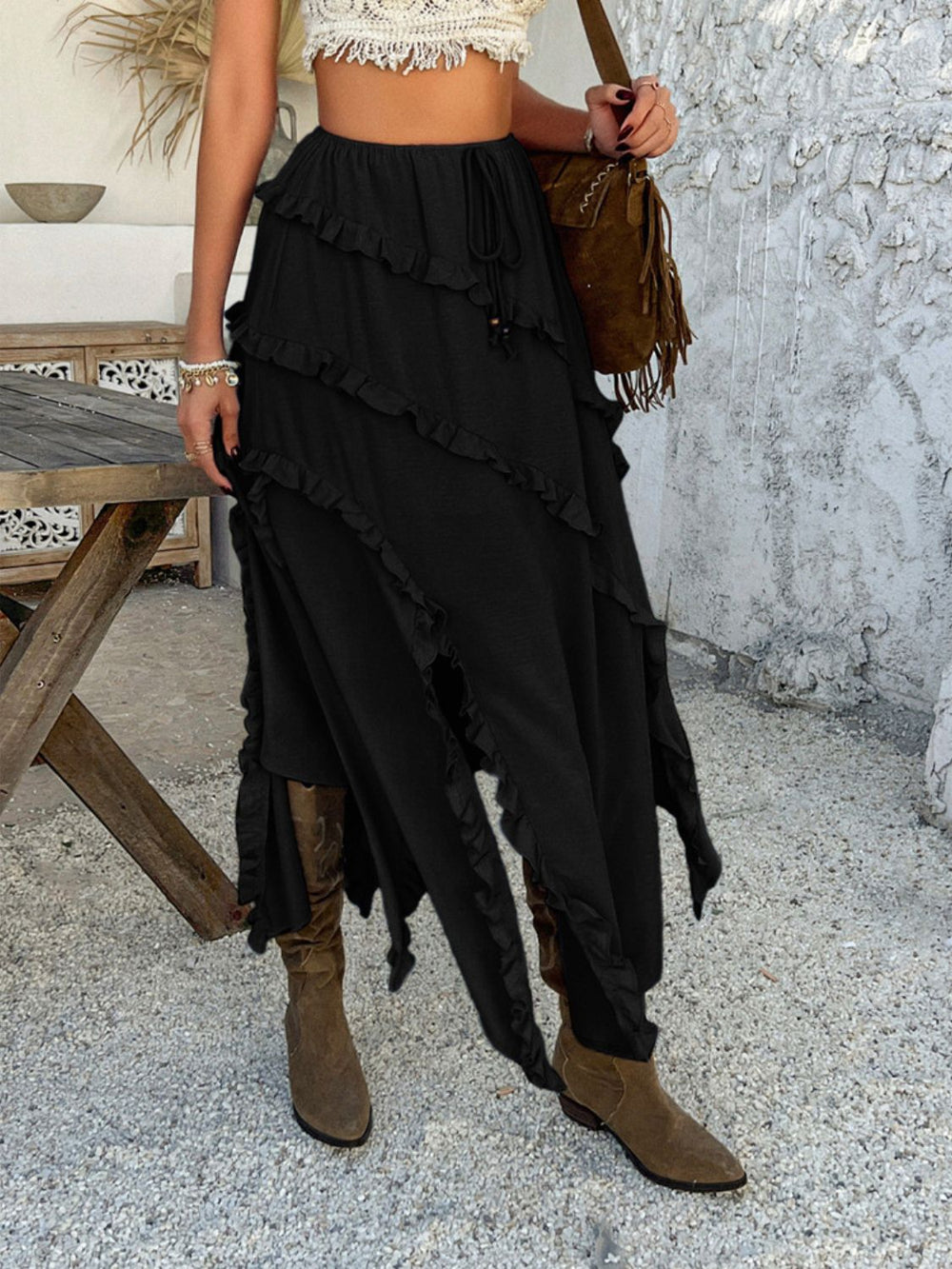 Devine Slit Drawstring Ruffled Skirt