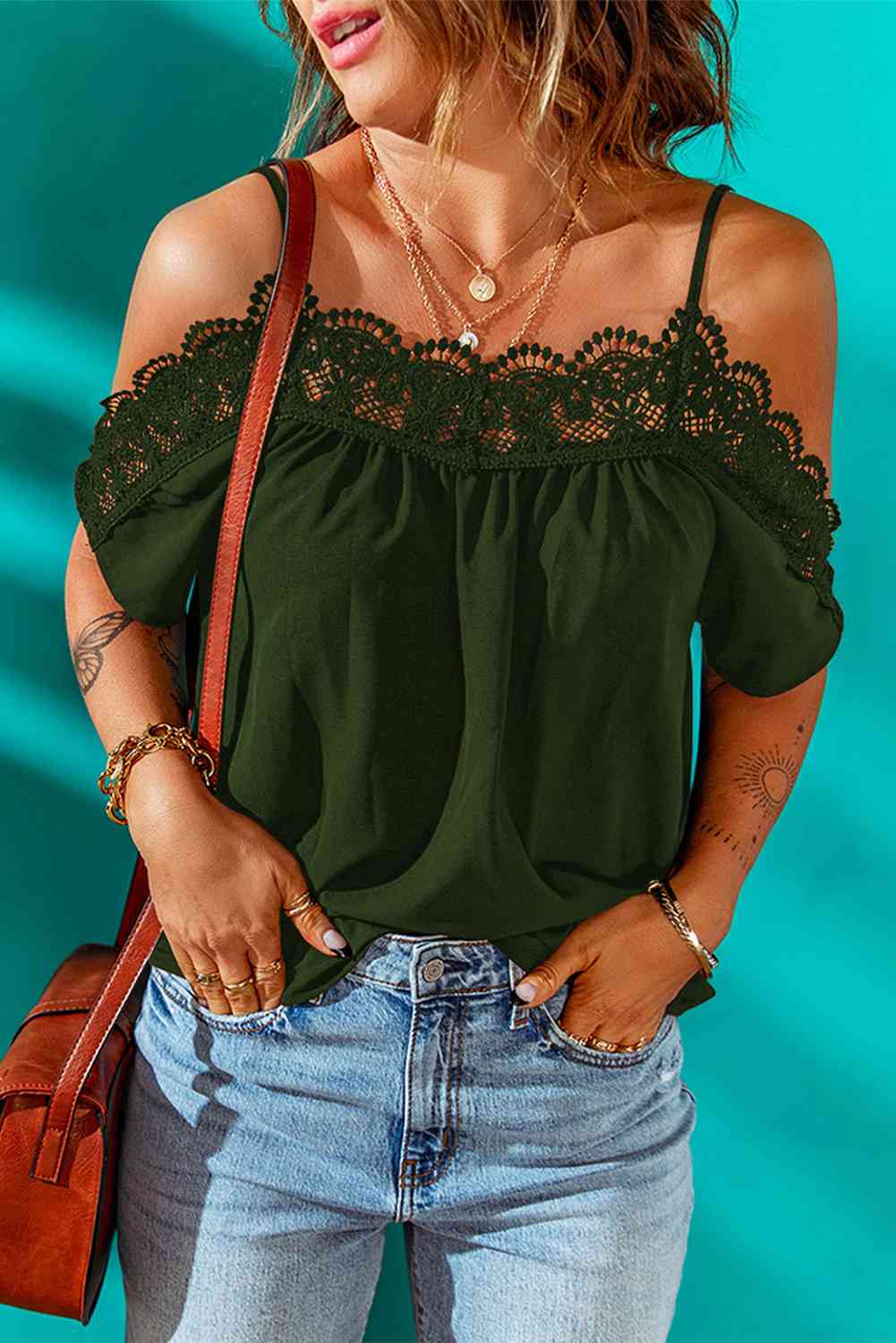 Spaghetti Strap Cold-Shoulder Lace Trim Blouse - felvior