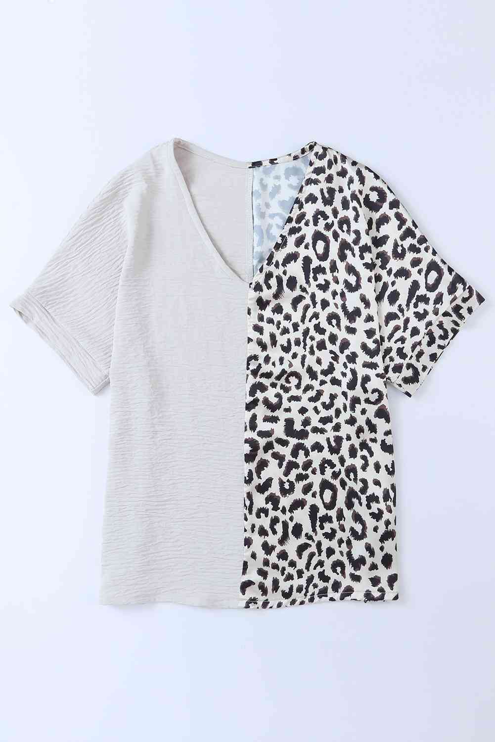 Leopard Color Block V-Neck Blouse - felvior