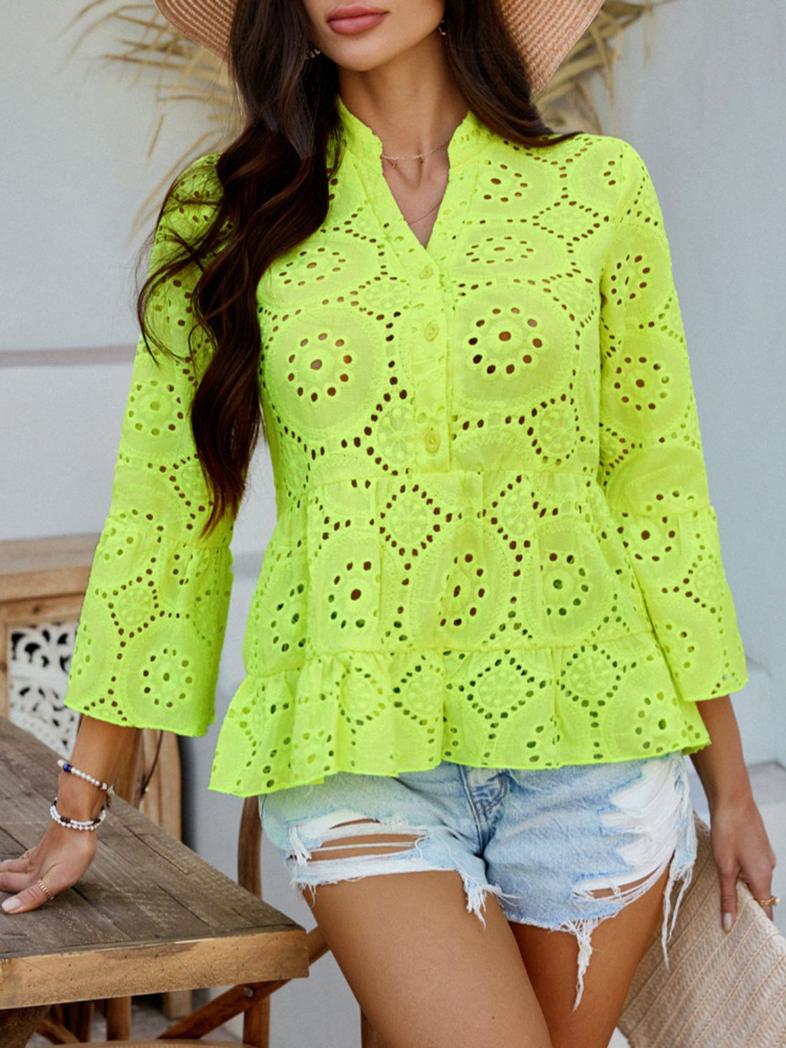Devine Half Button Flounce Sleeve Peplum Blouse - felvior