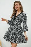 Printed Plunge Neck Flounce Sleeve Mini Dress - felvior