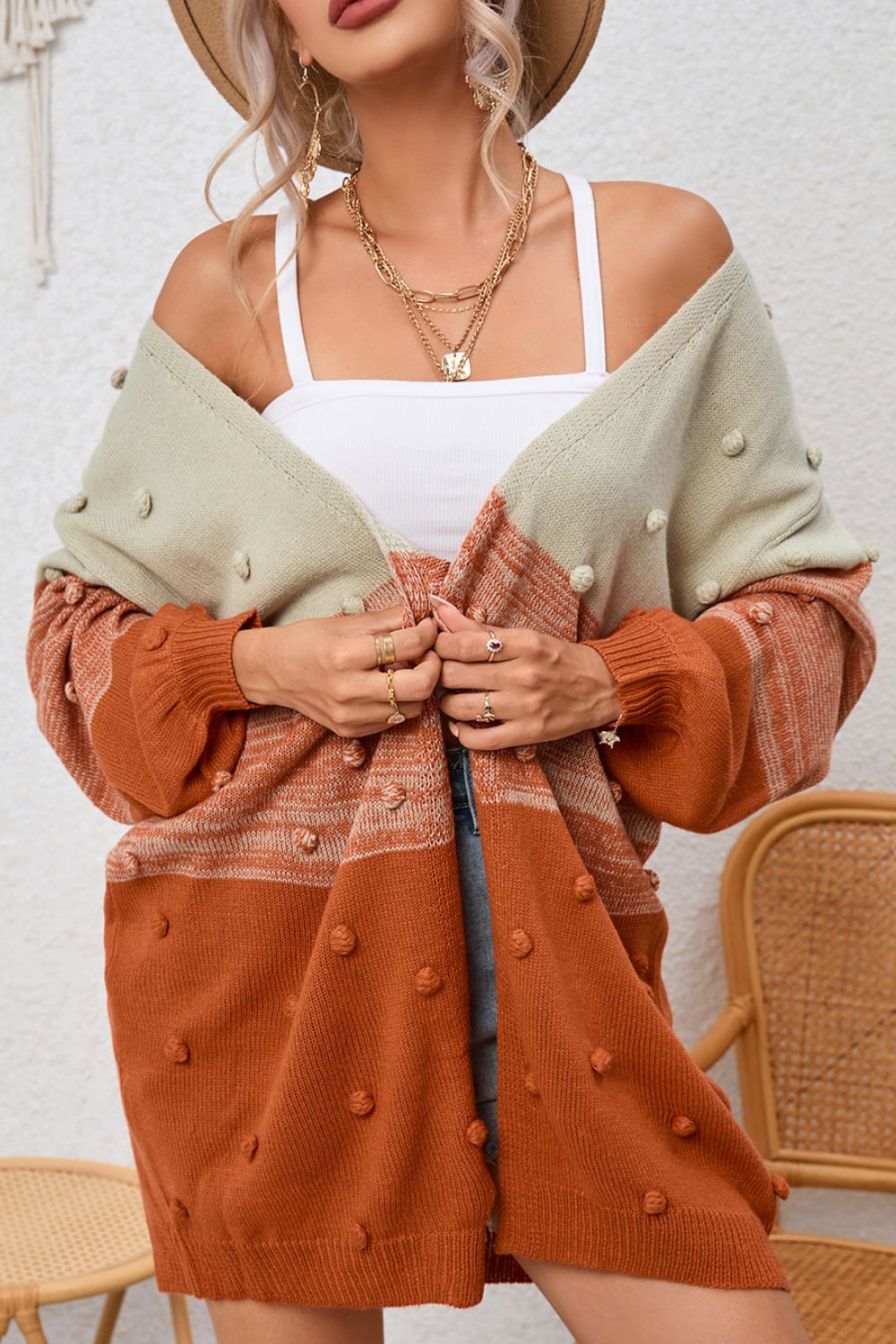 Pompom Color Block Open Front Cardigan - felvior