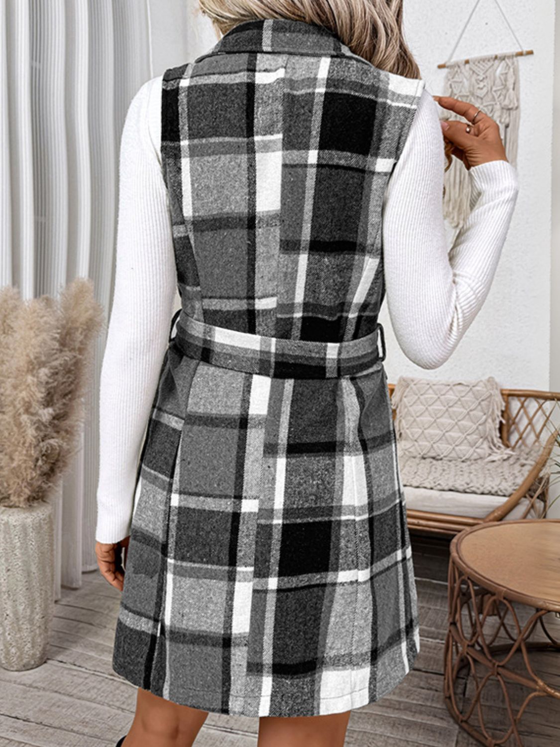 Perfee Tied Plaid Vest Coat - felvior