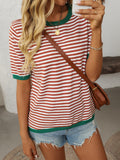 Mandy Striped Round Neck Half Sleeve Knit Top - felvior