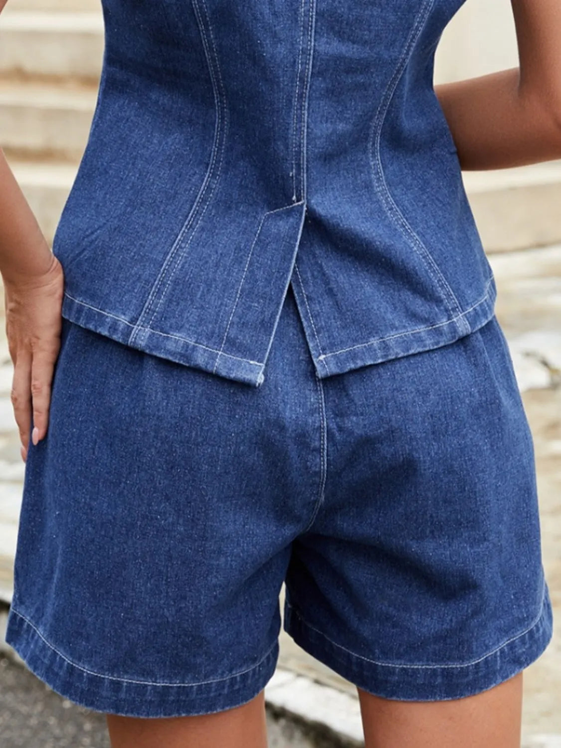 Button Down Vest and Shorts Denim Set - felvior