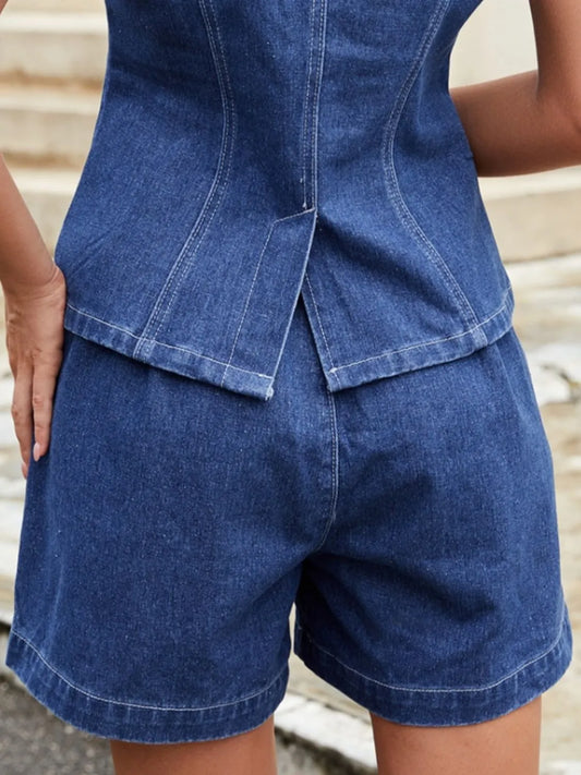 Button Down Vest and Shorts Denim Set - felvior