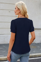 Notched Short Sleeve Blouse