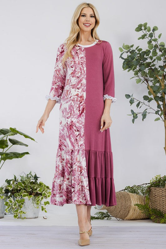 Celeste Full Size Contrast Tie Dye Ruffled Midi Dress Plus Size - felvior