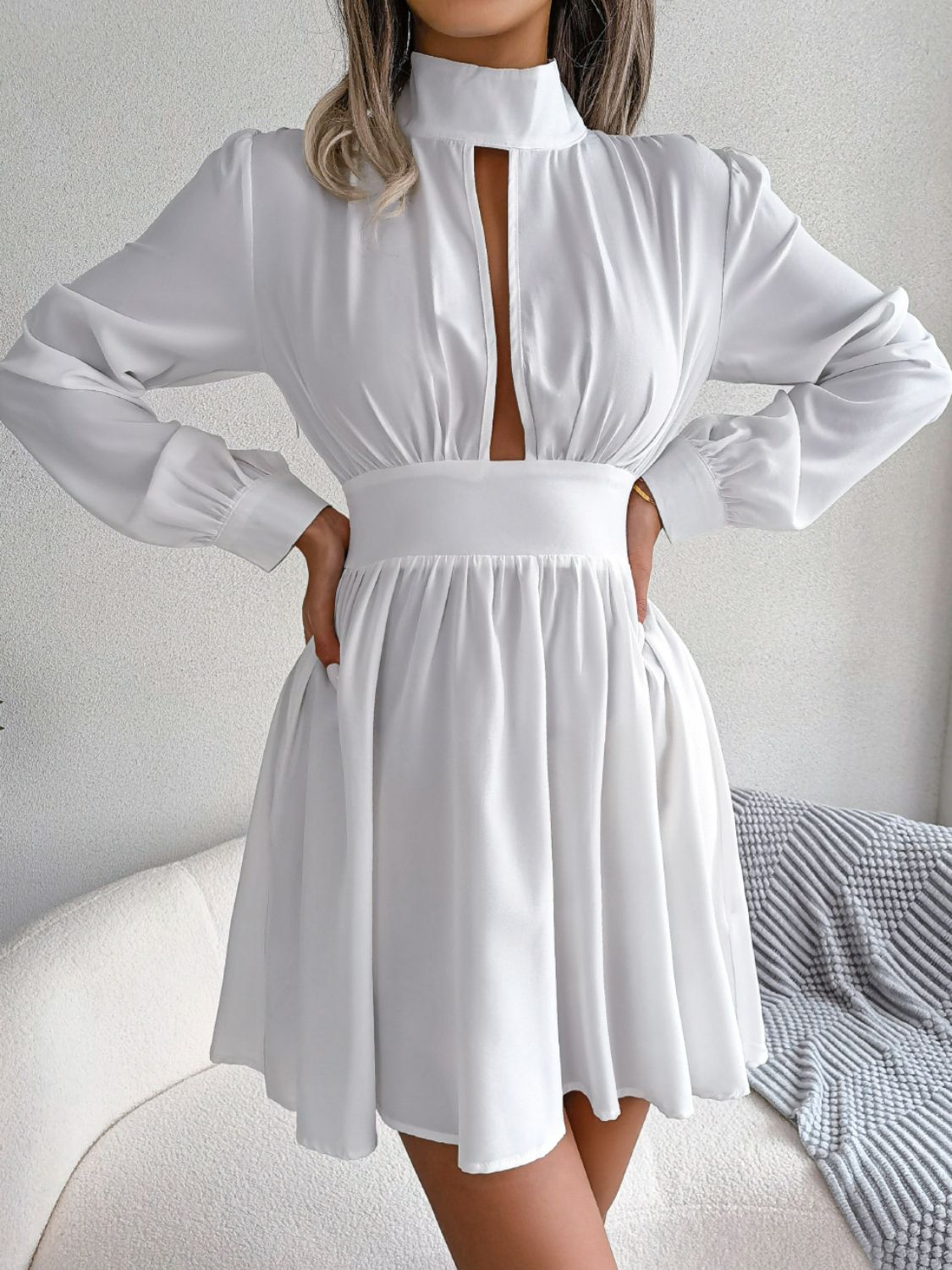 Cutout Turtleneck A-Line Mini Dress - felvior