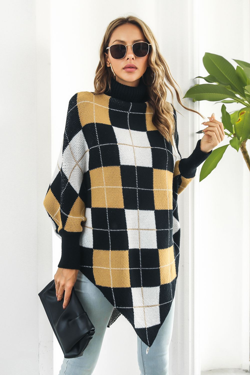 Plaid Turtleneck Dolman Sleeve Poncho - felvior