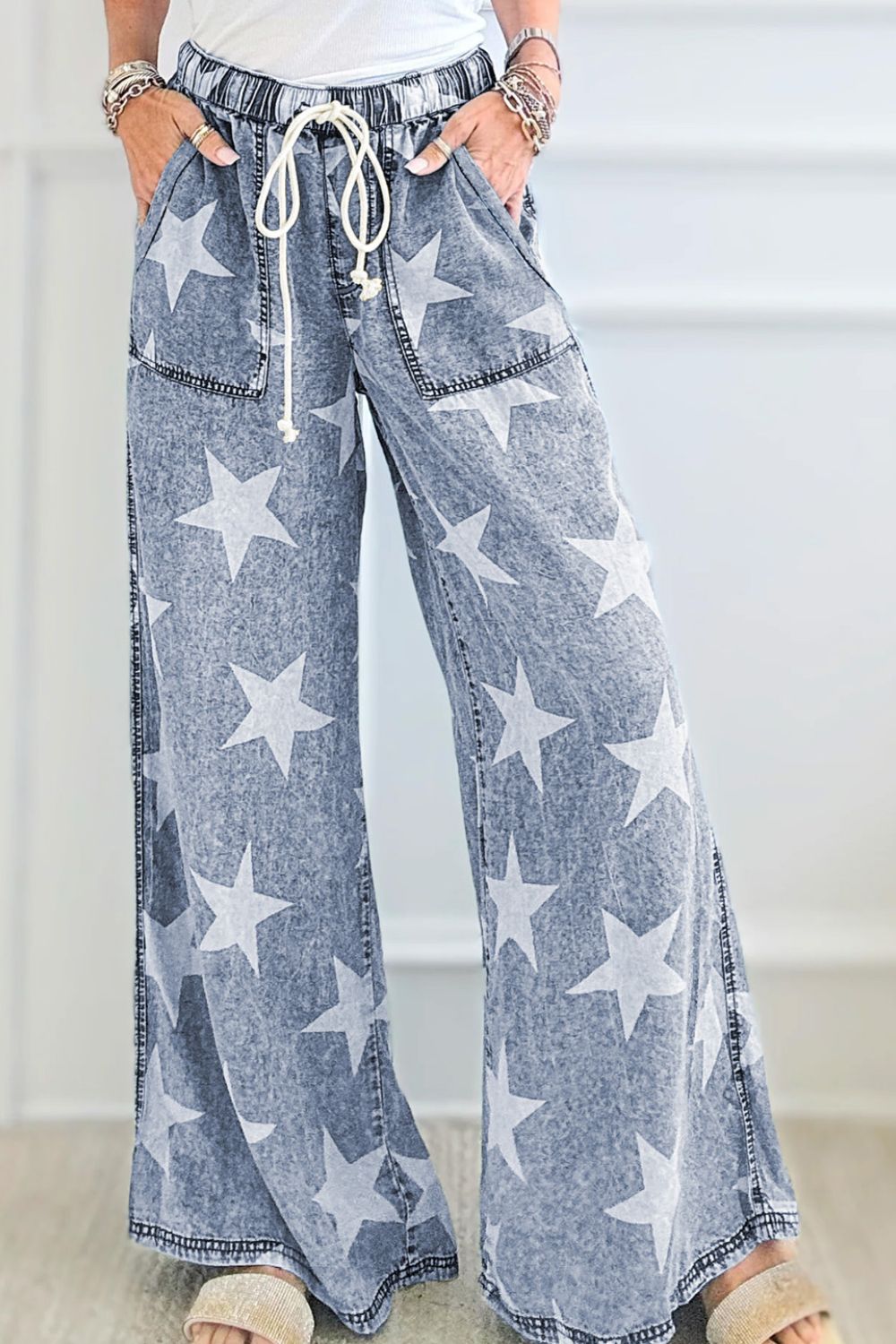 Star Print Washed Drawstring High Waist Wide Leg Jeans Hauptbild