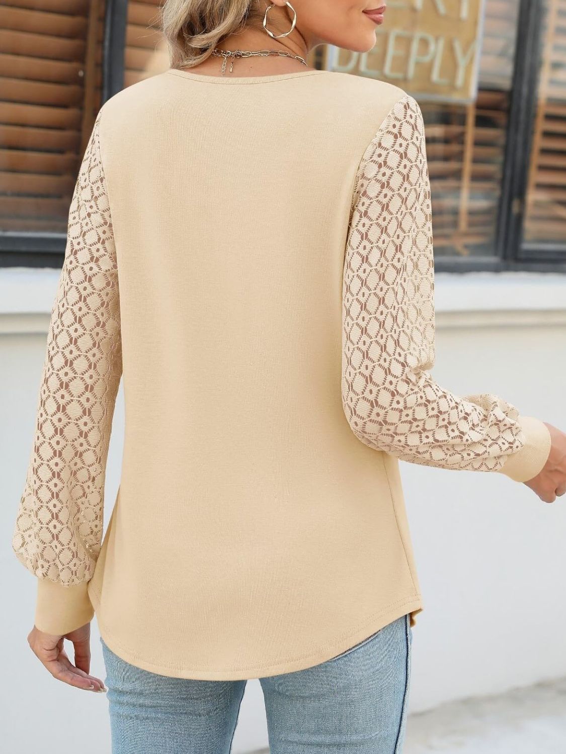 Cutout Round Neck Lace Long Sleeve Blouse - felvior