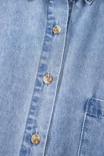 Button Down Short Sleeve Denim Dress - felvior
