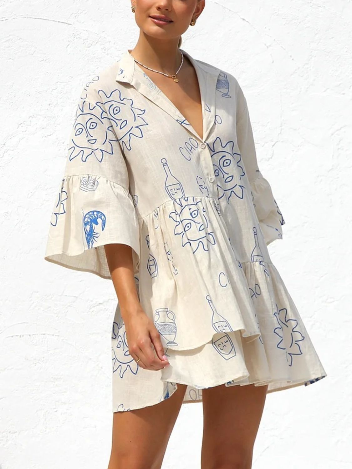 Button Detail Printed Mini Dress - felvior