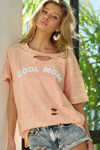 BiBi Washed Laser Cut Detail Cool Mom Print Top