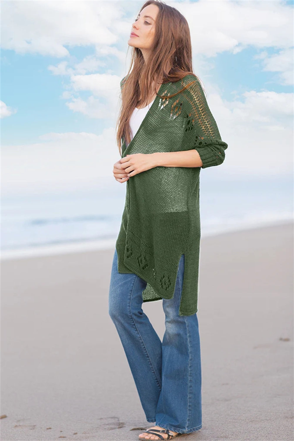 Openwork Side Slit Open Front Long Sleeve Cardigan - felvior