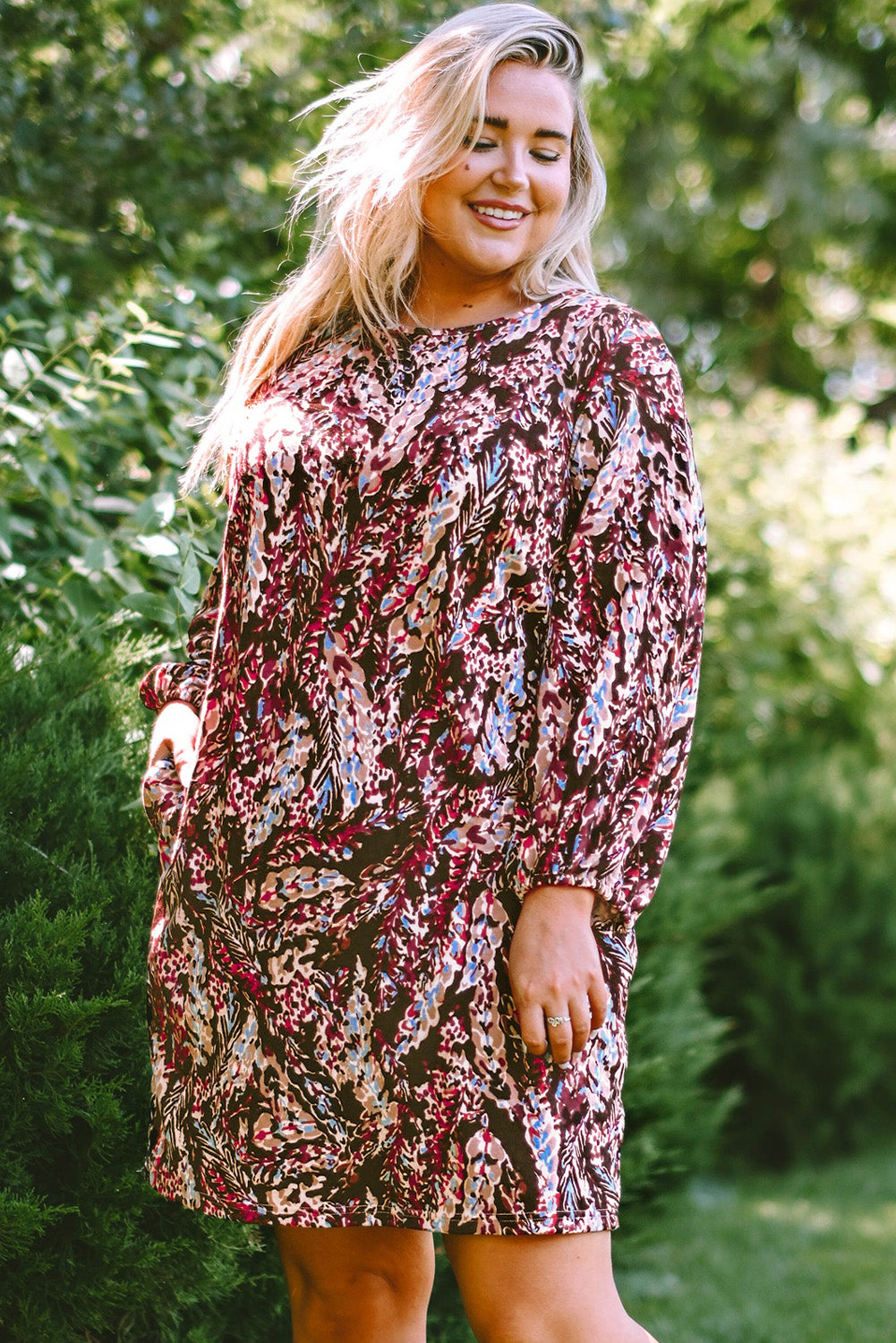 Plus Size Printed Round Neck Long Sleeve Mini Dress - felvior