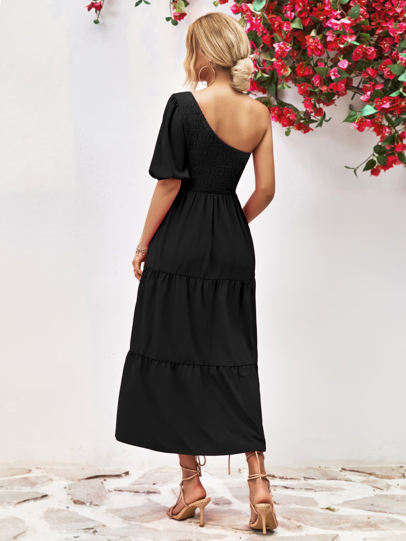 Smocked One-Shoulder Midi Dress - felvior