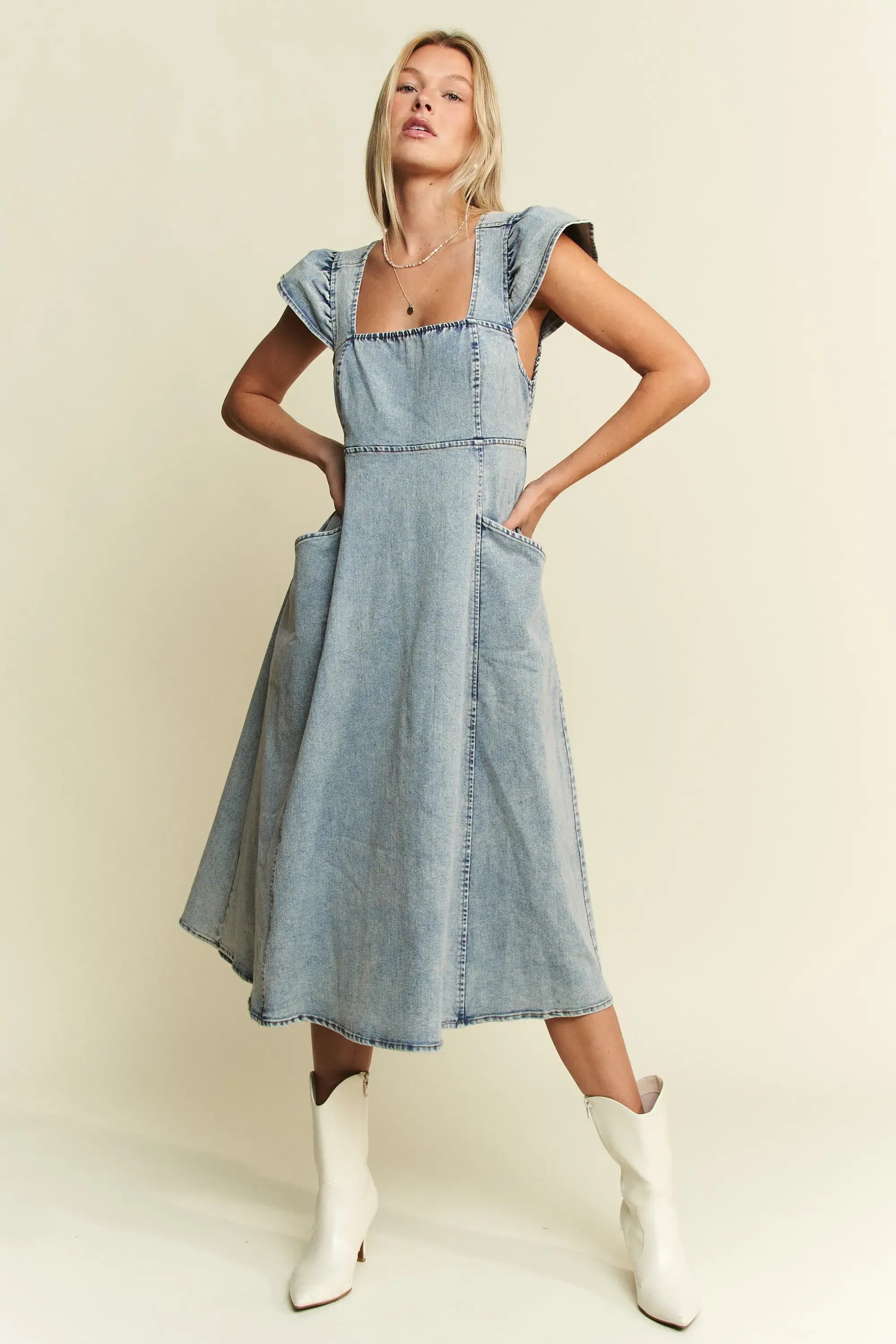 Jade By Jane Ruffled Denim Midi Dress - Plus Size Square Neck