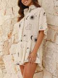 Printed Collared Neck Half Sleeve Romper - felvior