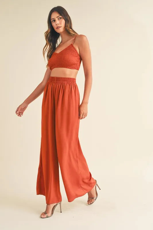 MABLE Smocked Bralette Crop Top and Wide Leg Pants Set - felvior