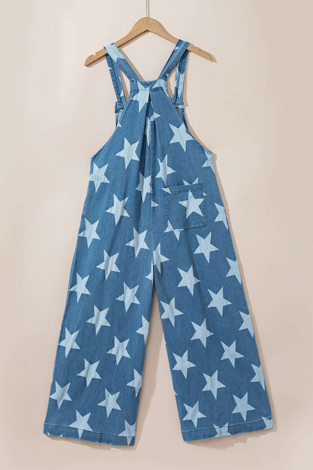 Star Print Buttoned Strap Wide Leg Denim Overalls - felvior