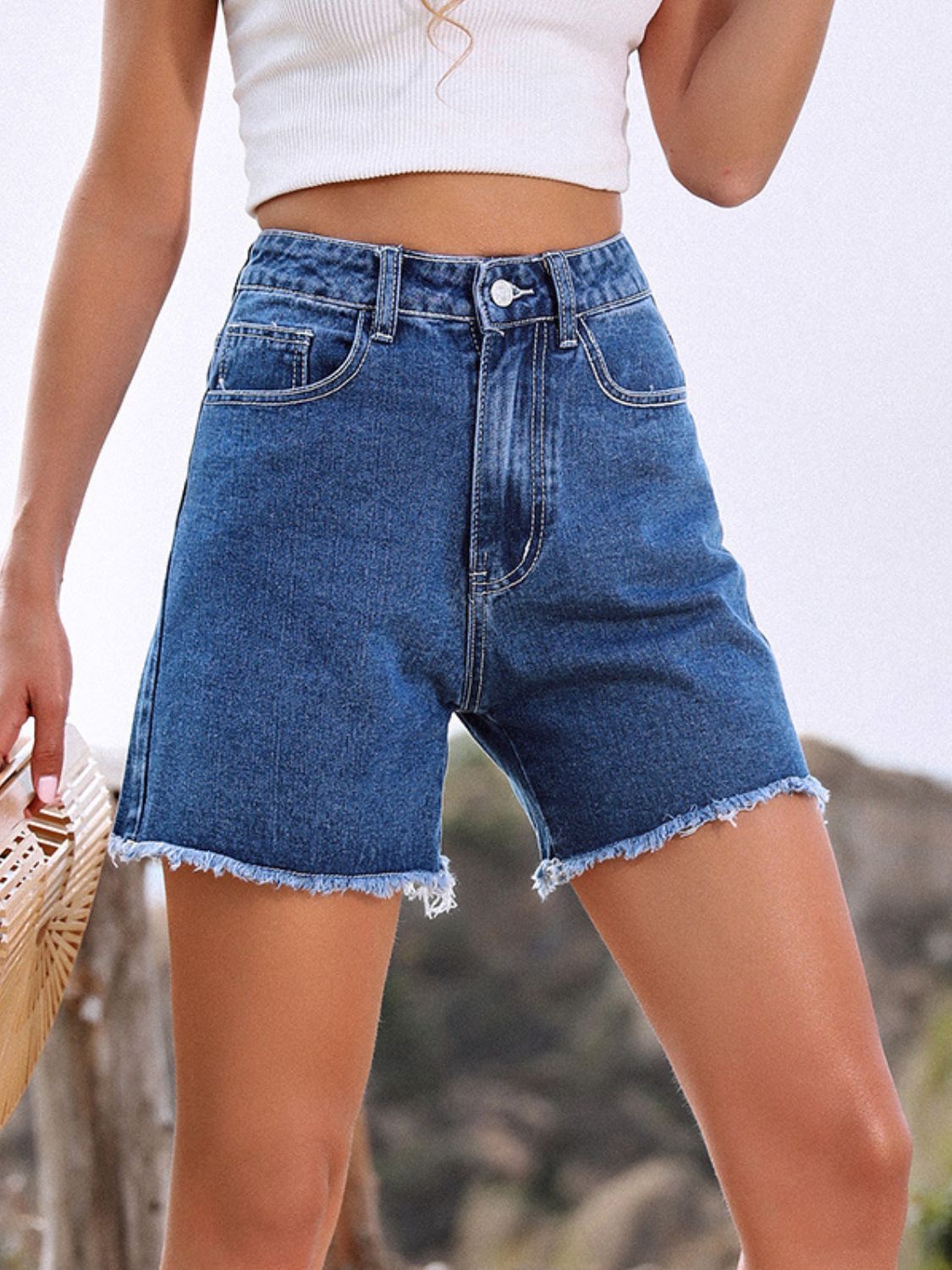 Raw Hem High Waist Denim Shorts - felvior