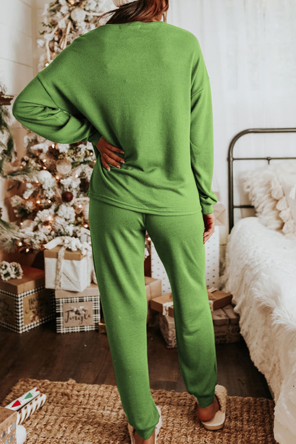 Sequin Socks Round Neck Long Sleeve Top and Pants Lounge Set - felvior