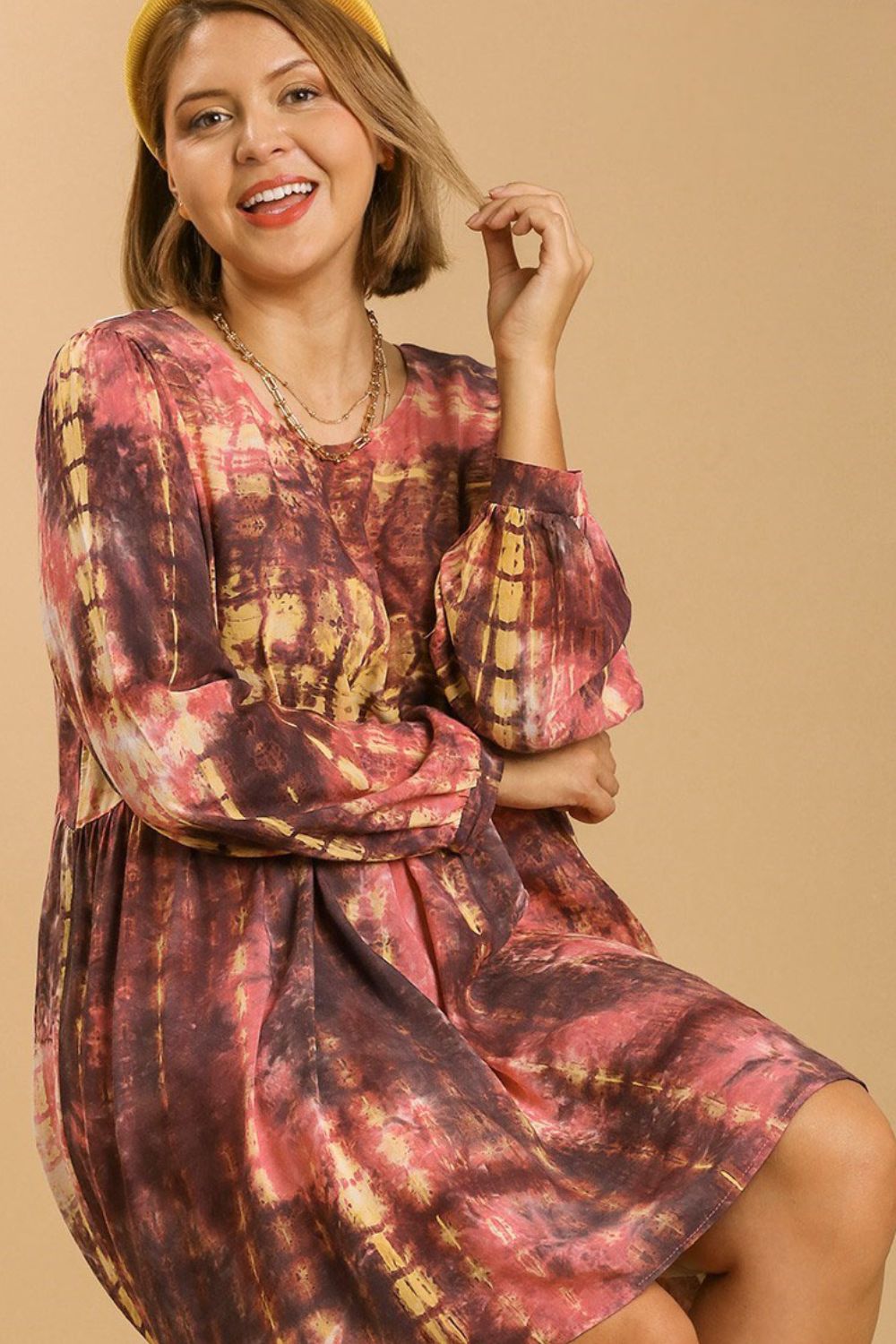 Umgee Full Size Tie Dye Long Sleeve Babydoll Dress with Keyhole Plus Size