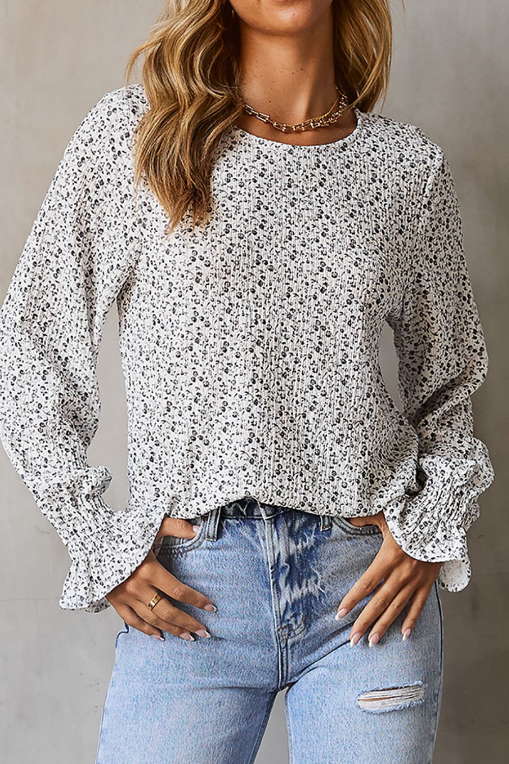 Printed Round Neck Flounce Sleeve Blouse