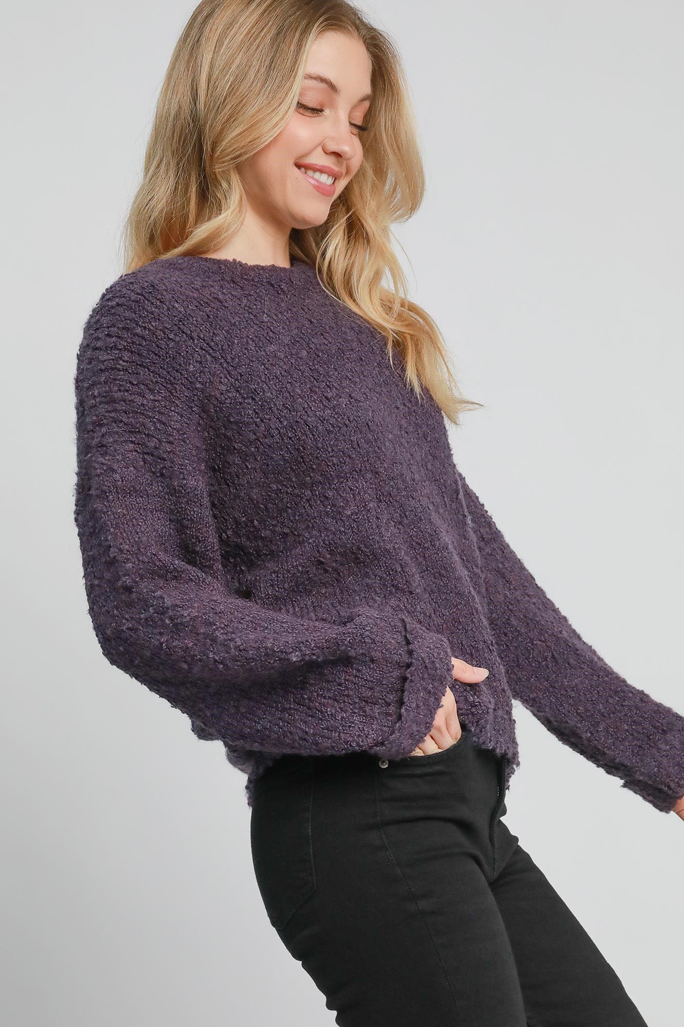 Umgee Full Size Round Neck Long Sleeve Boucle Sweater Plus Size Secondary image