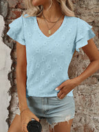 Eyelet V-Neck Ruffled Cap Sleeve Top