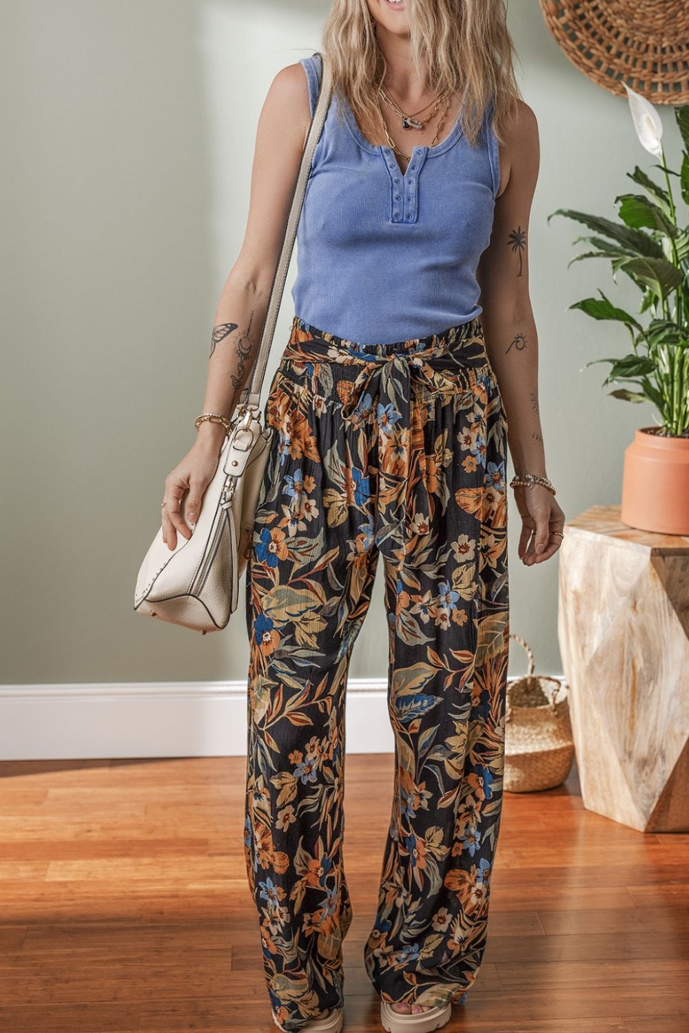 Floral Shirred High Waist Wide Leg Pants with Tie - felvior