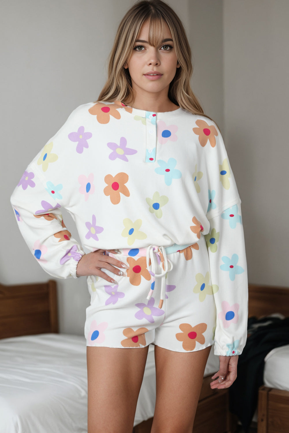 Printed Quarter Button Top and Drawstring Shorts Lounge Set - felvior